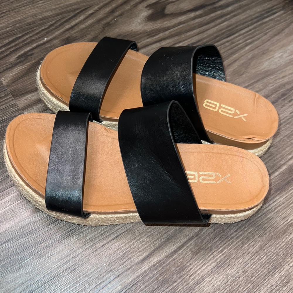 x2b black two strap platform espadrille sandals